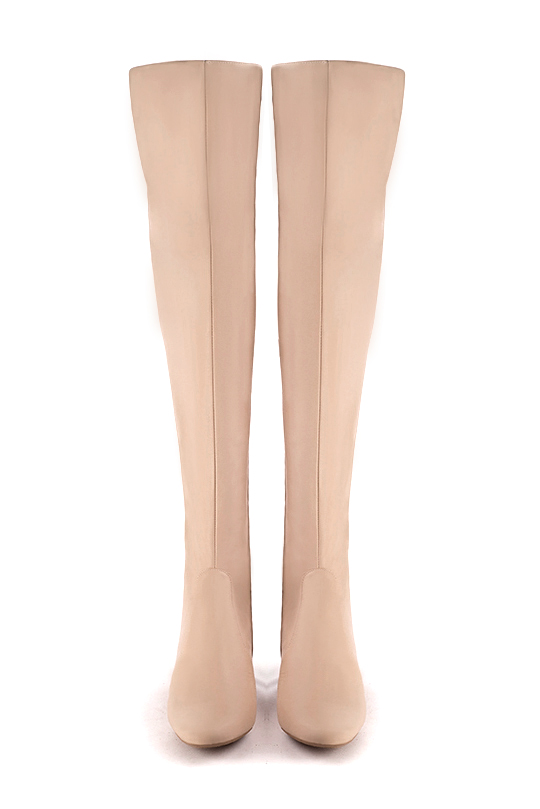 Powder pink women's stretch thigh-high boots. Round toe. Low flare heels. Made to measure. Top view - Florence KOOIJMAN